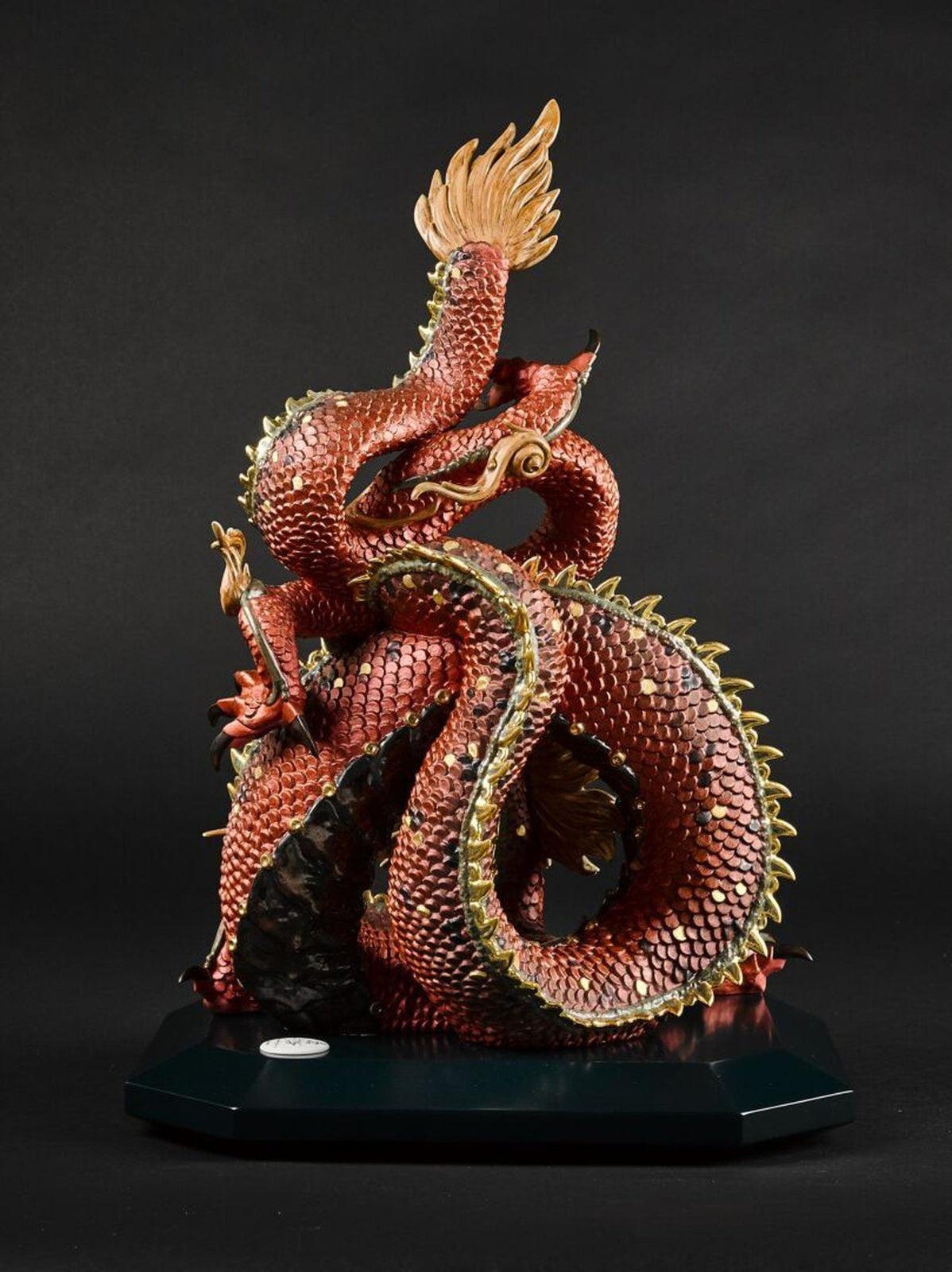 Lladro Protective Dragon Sculpture Golden Luster and Red - Limited Edition
