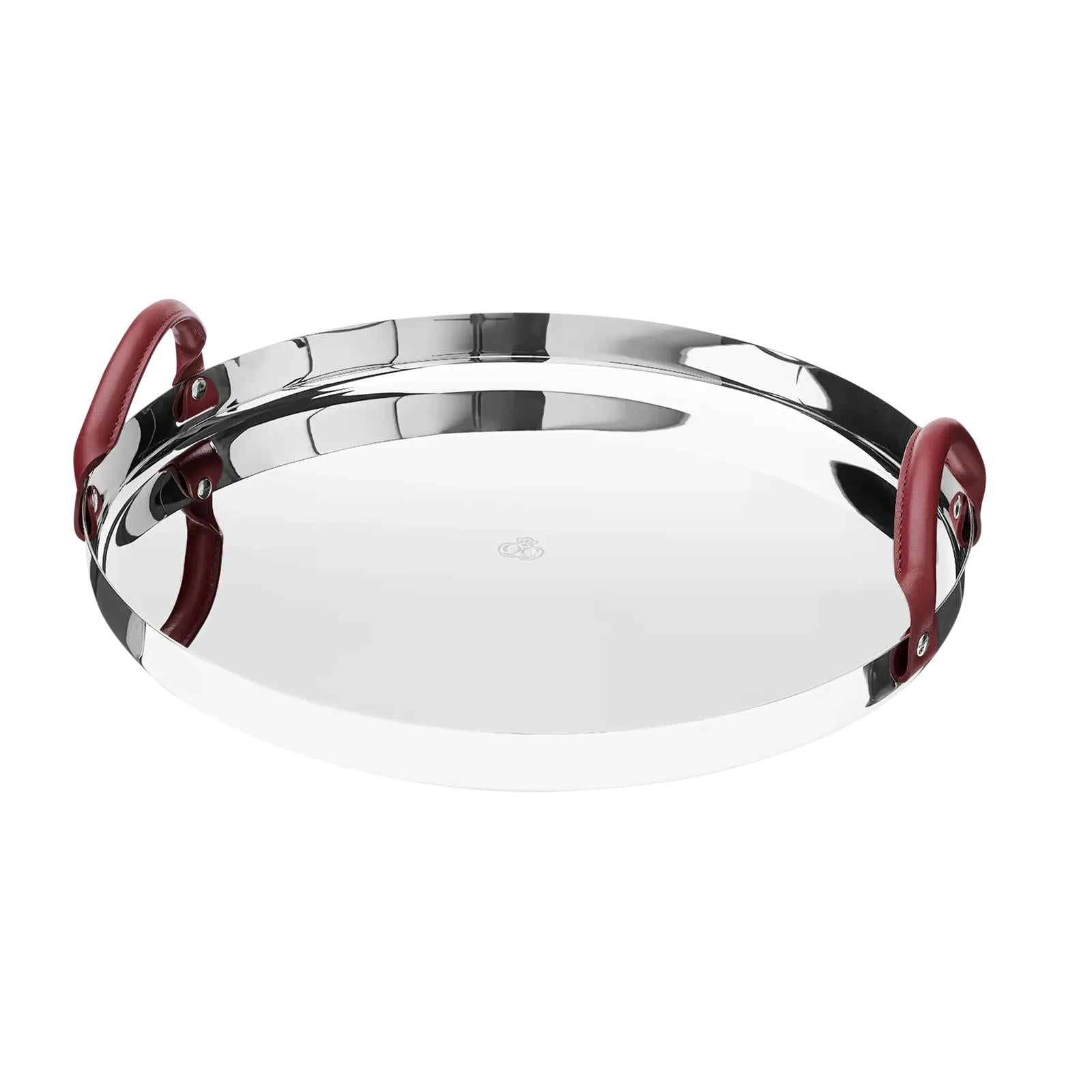 Christofle Mood Stainless Steel Mirror Polished Round Tray with Leather Handles - 16 in
