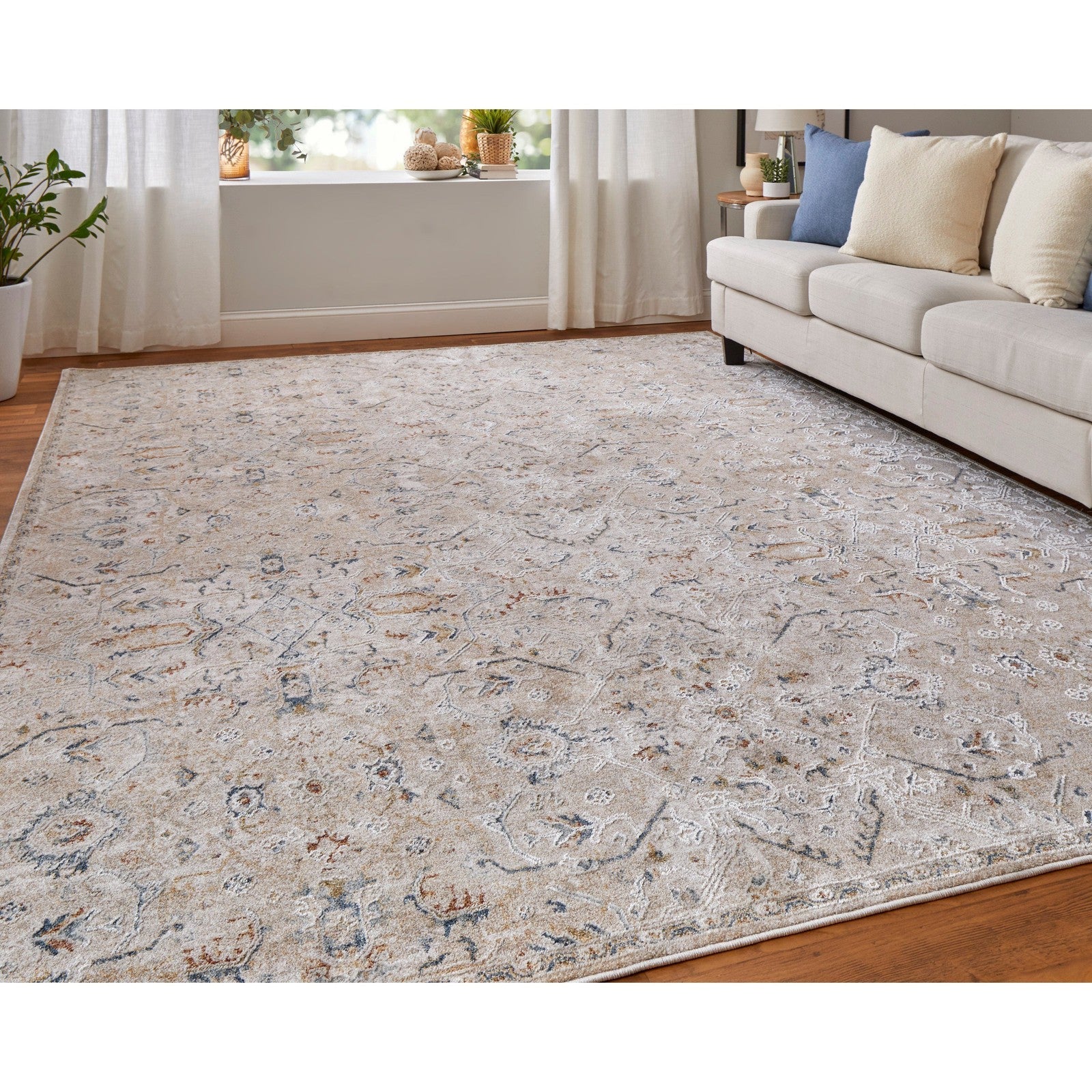 Feizy Pasha 39M6F Transitional Distressed in Taupe/Ivory/Blue