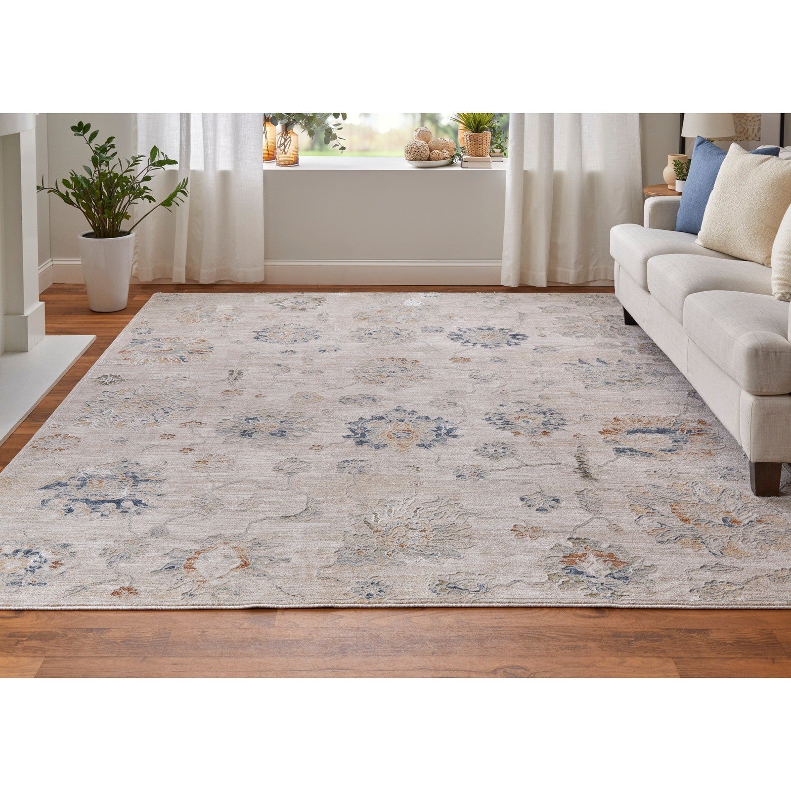 Feizy Pasha 39M9F Transitional Floral & Botanical in Taupe/Ivory/Blue