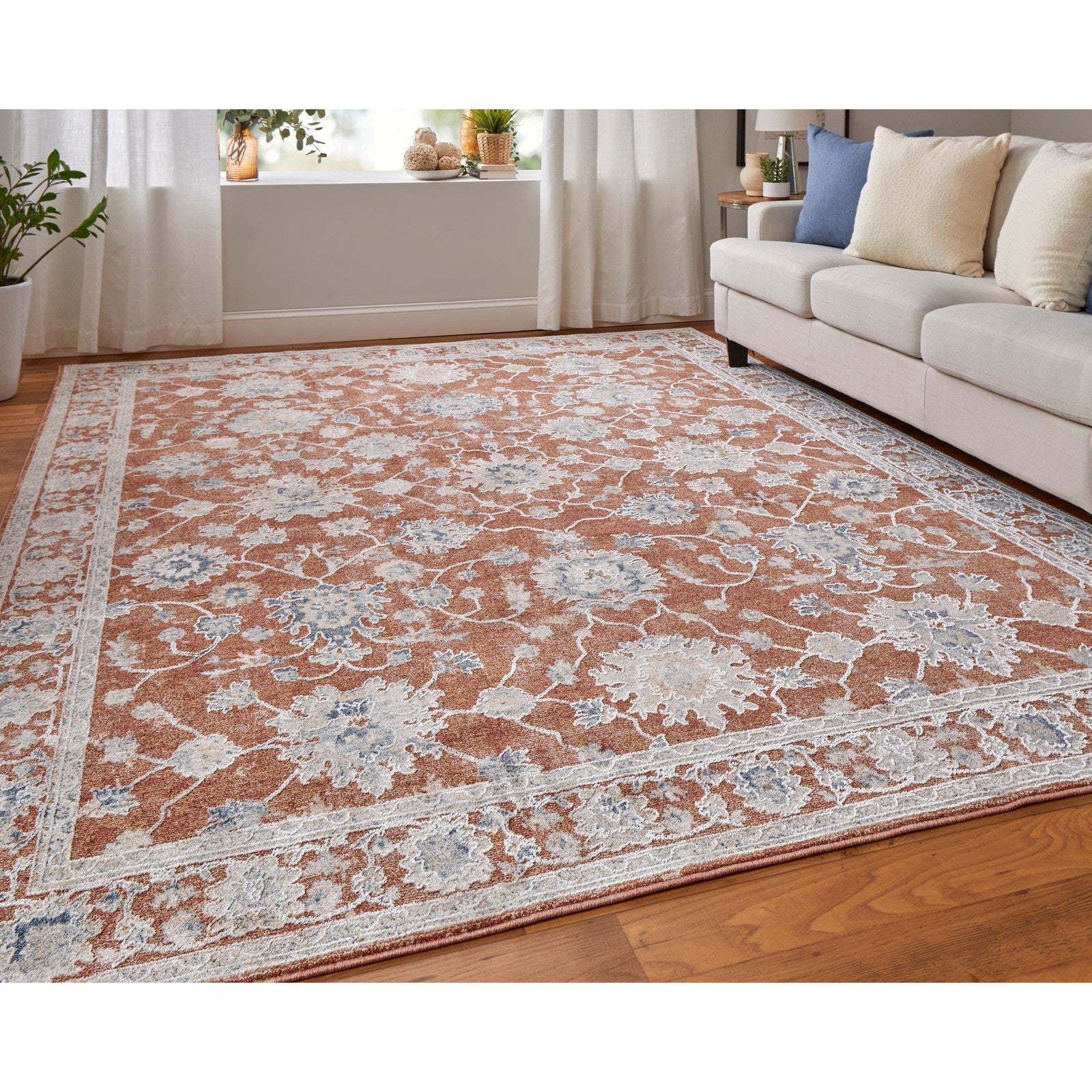 Feizy Pasha 39M7F Transitional Floral & Botanical in Red/Ivory/Blue