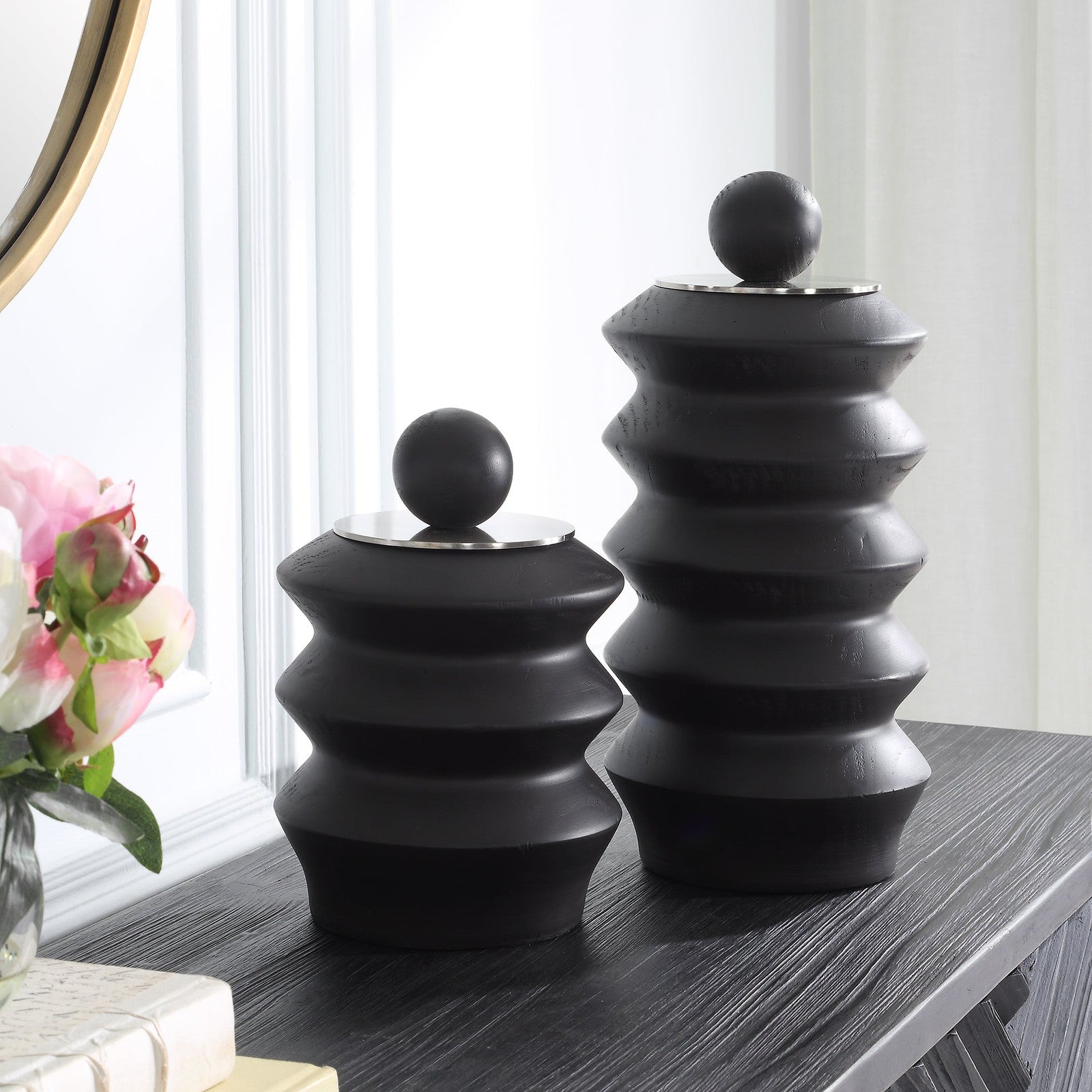 Uttermost Accordion Black Wood Containers - Set of 2