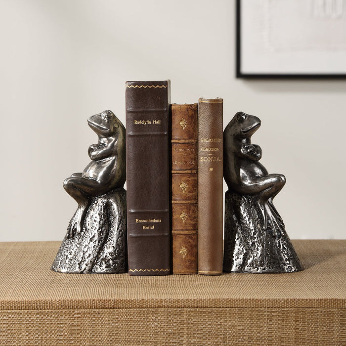 Uttermost Daydreaming Frogs Aged Silver Bookends - Set of 2