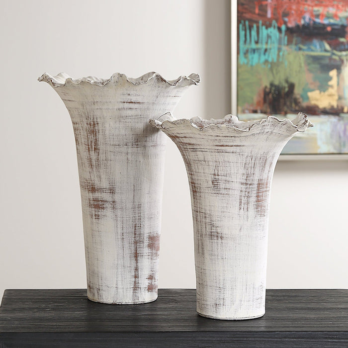 Uttermost Ruffled Petal White Vases - Set of 2