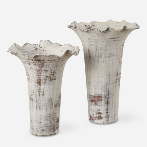 Uttermost Ruffled Petal White Vases - Set of 2