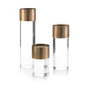 John Richard Set Of Three Crystal And Antique Brass Candleholders