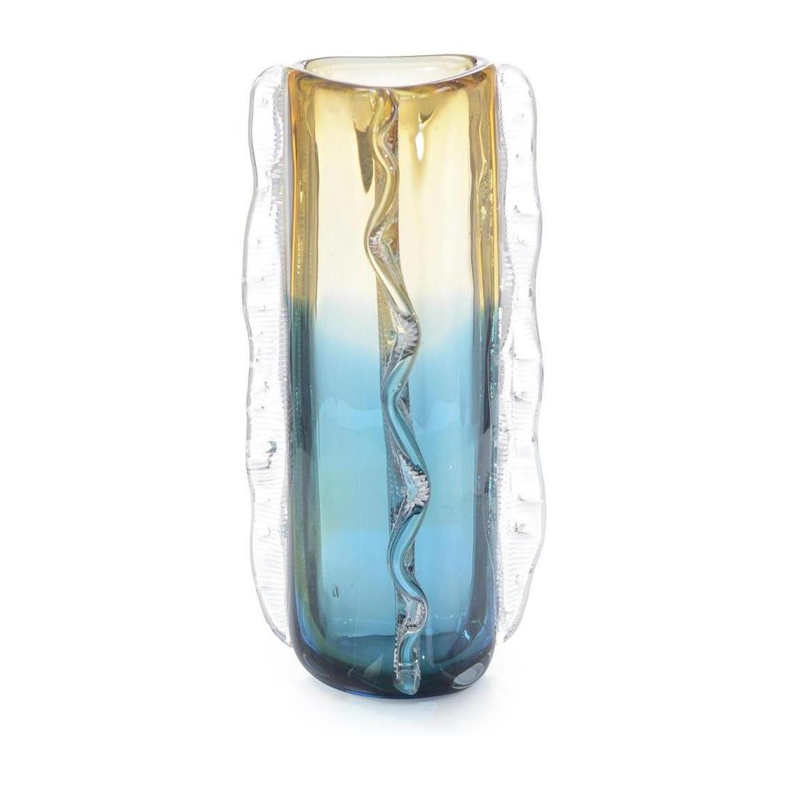 John Richard Decor Blue And Yellow Rippled Handblown Glass Vase II