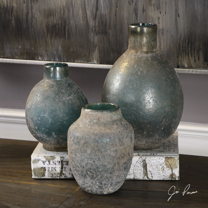Uttermost Mercede Weathered Blue-Green Vases - Set of 3
