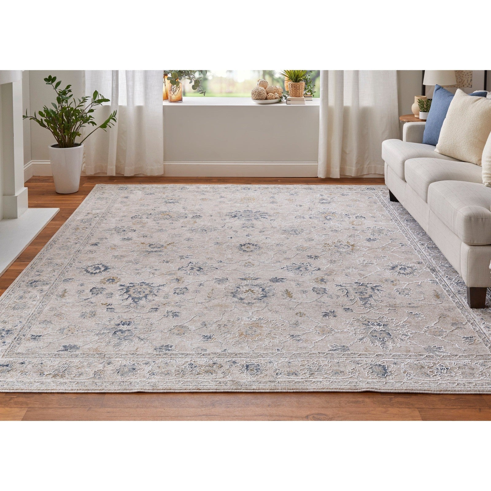 Feizy Pasha 39M7F Transitional Floral & Botanical in Ivory/Taupe/Blue