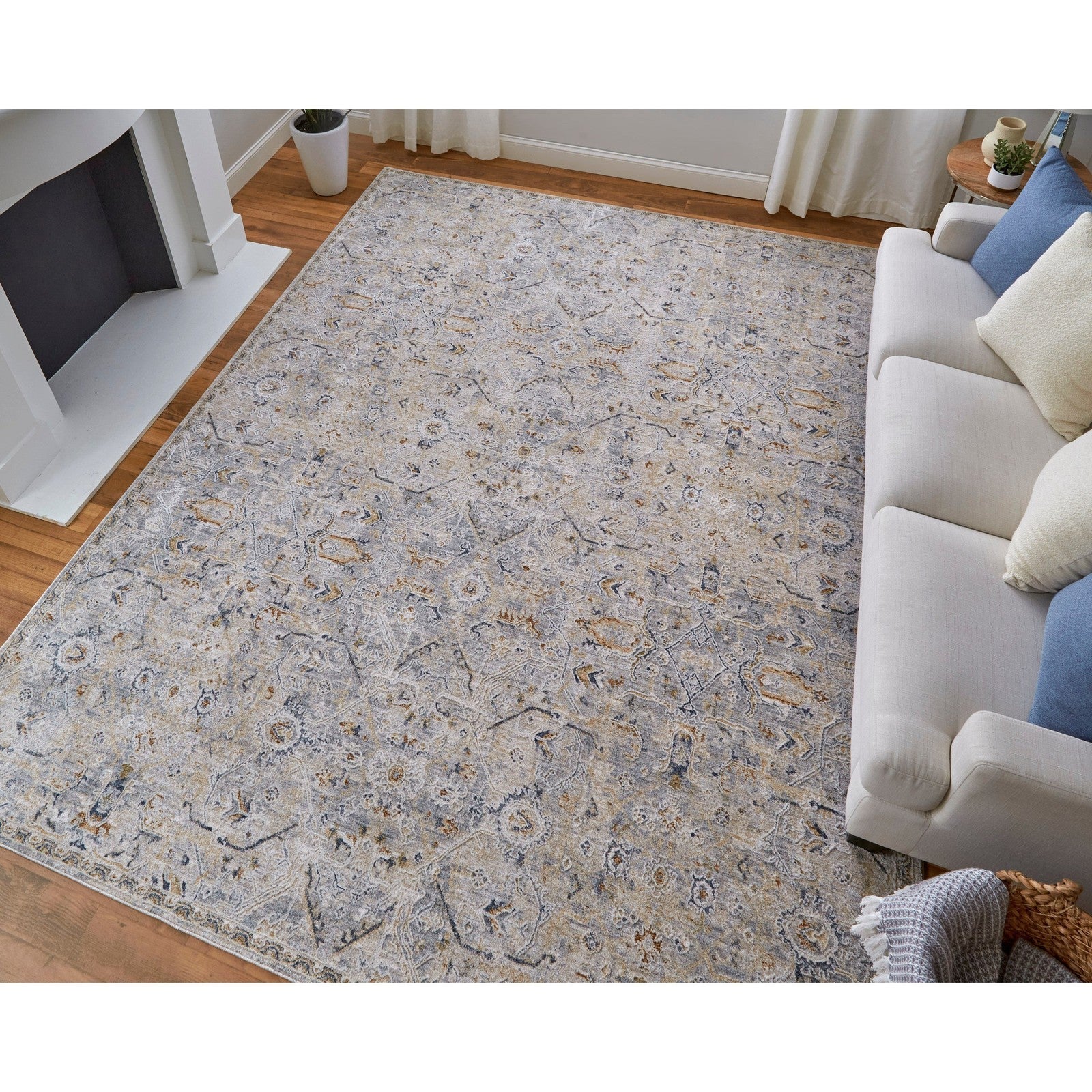Feizy Pasha 39M6F Transitional Distressed in Ivory/Blue/Tan