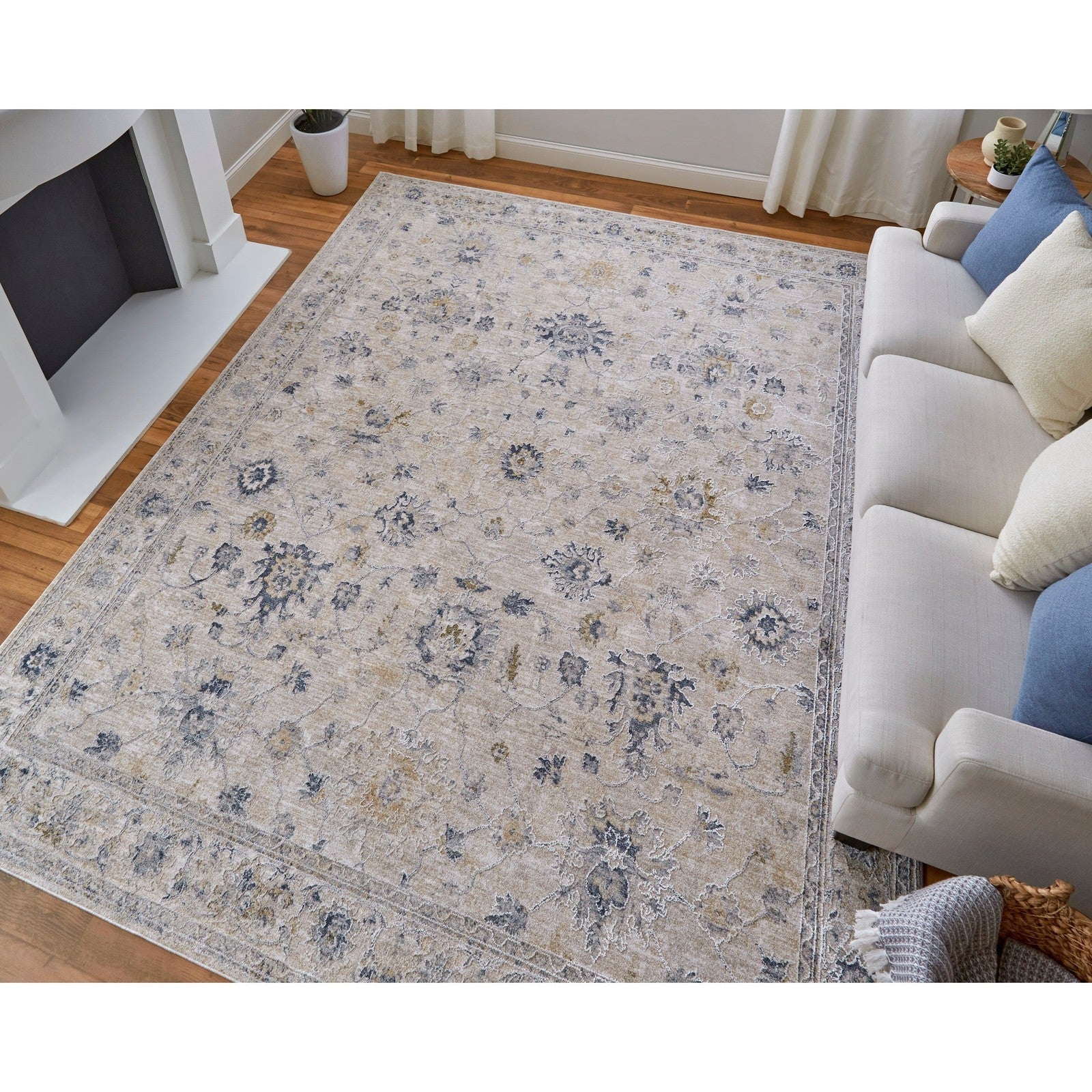 Feizy Pasha 39M7F Transitional Floral & Botanical in Ivory/Taupe/Blue