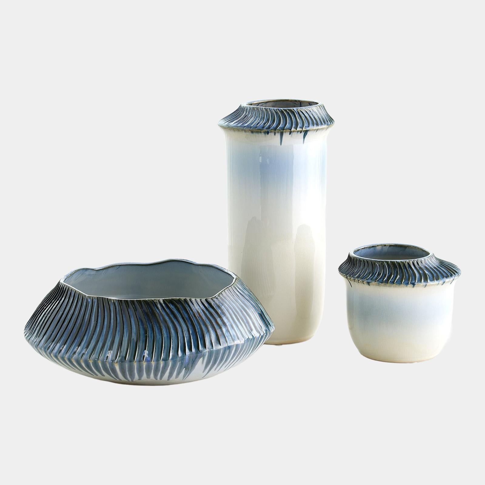 Global Views Aiden Etched Blue Rimed Vase and Planter
