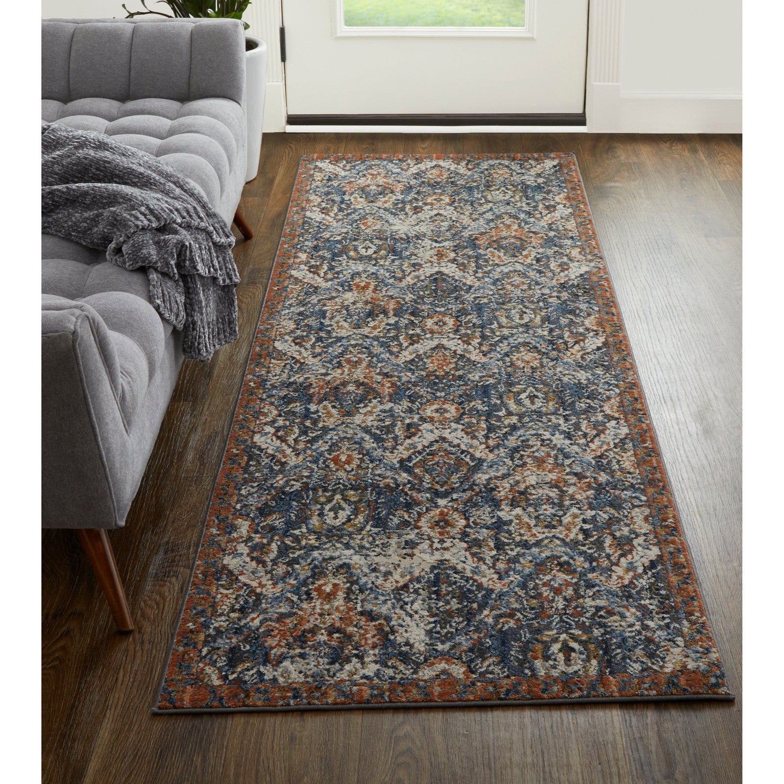 Feizy Kaia 39HRF Transitional Floral & Botanical in Blue/Orange/Ivory