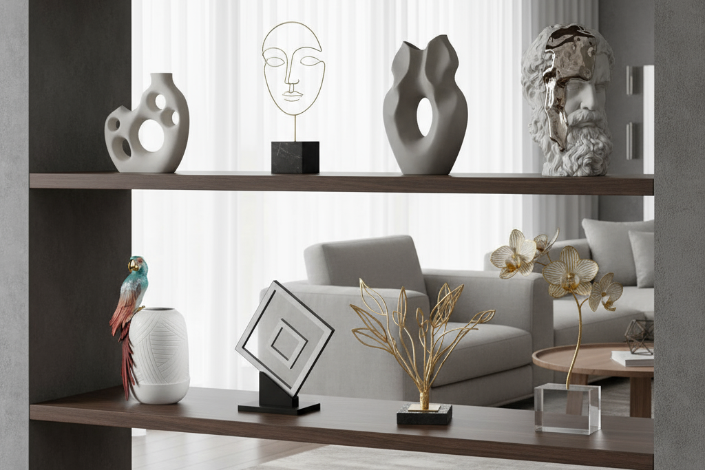 Open shelf display with 8 decorative sculptures