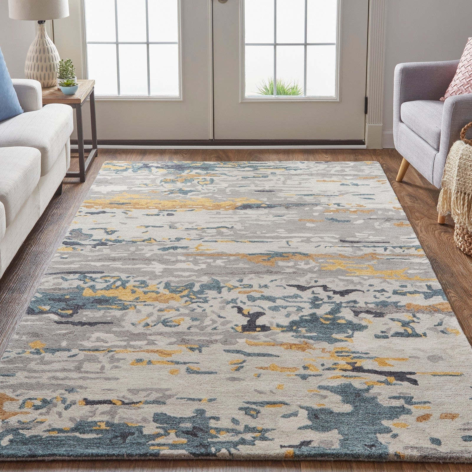 Feizy Everley 8644F Modern Abstract in Gray/Yellow/Blue