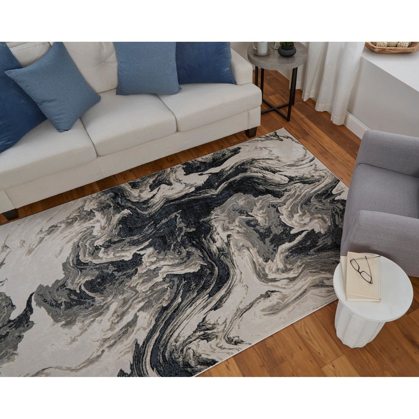 Feizy Micah 39LPF Modern Abstract Rug in Ivory/Black/Taupe