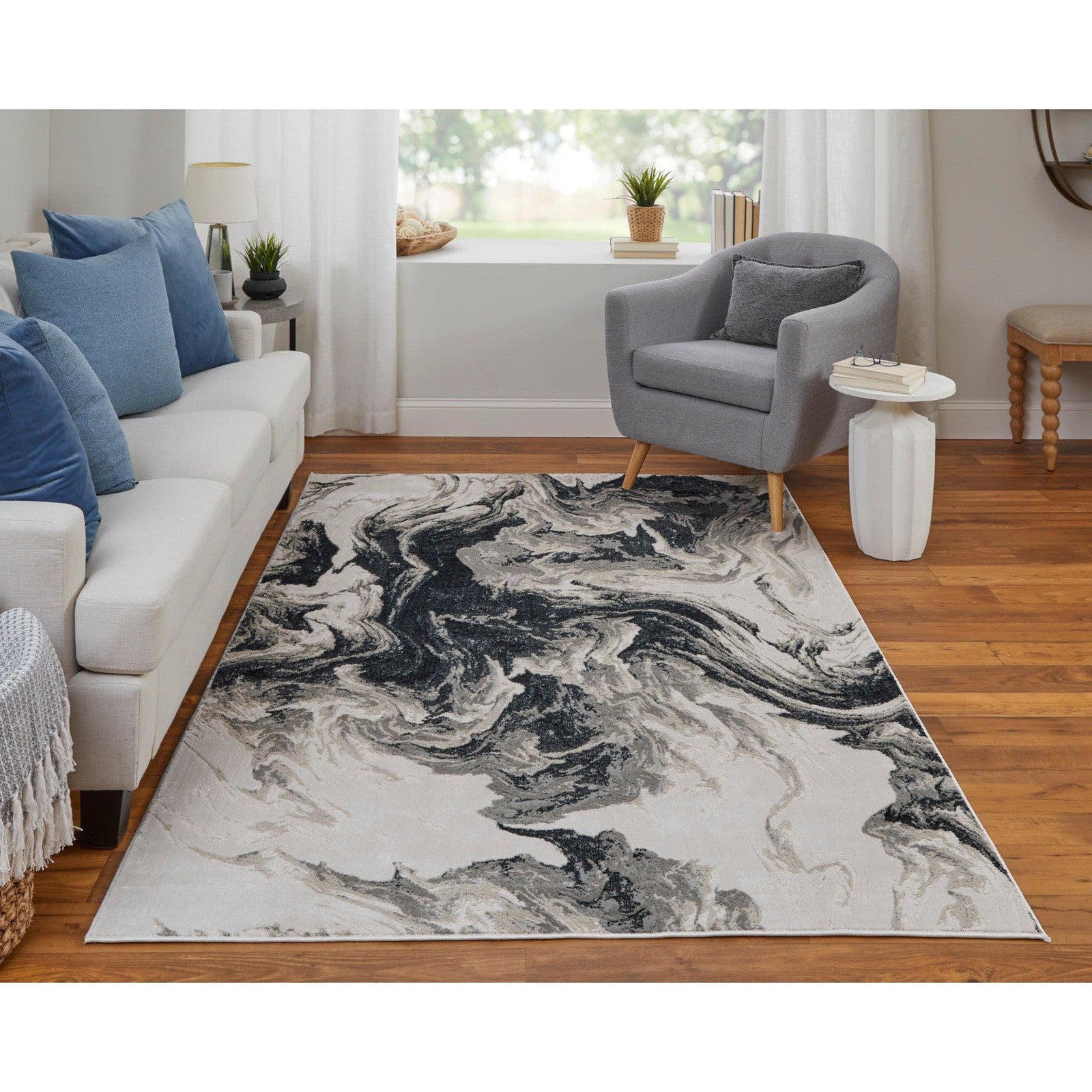 Feizy Micah 39LPF Modern Abstract Rug in Ivory/Black/Taupe