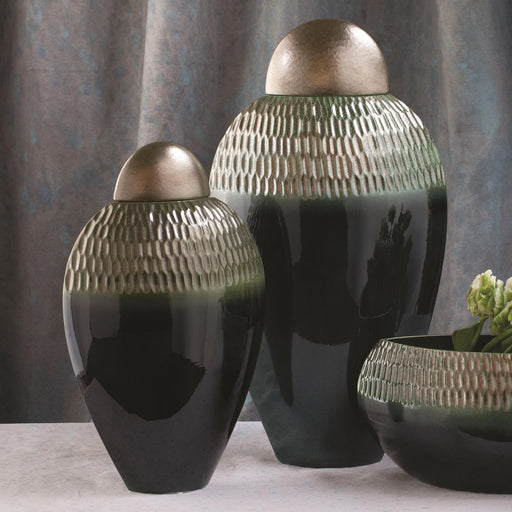 Global Views Carved Lidded Urn-Pewter/Aqua