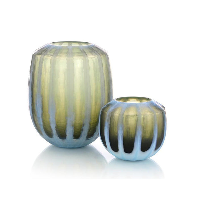 John Richard Set of Two Green and Turquoise Engraved Glass Vases