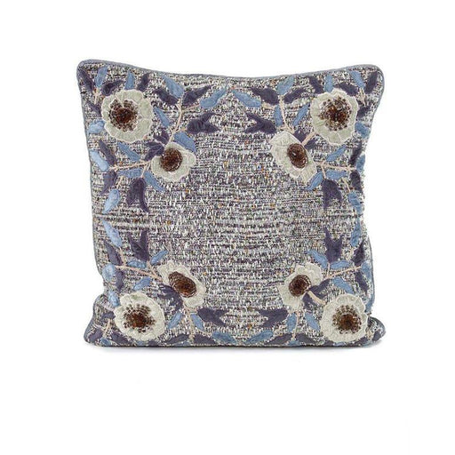 John Richard Blue and Grey Twill Pillow with Floral Applique